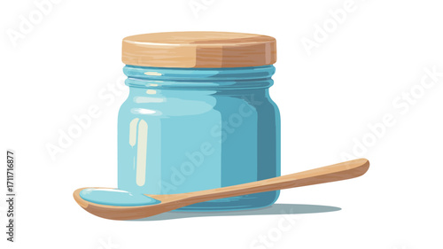 A digital illustration depicts a light blue glass jar with a light brown wooden lid. A small amount of a light-colored substance (resembling honey or jam) is on a light brown wooden spoon resting