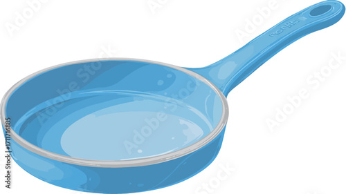 A digital illustration of a light blue frying pan with a long handle. The pan is round with a slightly curved base. The handle is attached to the side of the pan and is the same light blue color.