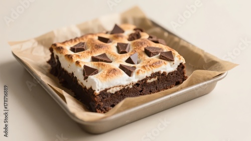 A marshmallow brownie, decorated with chocolate chunks on the surface, is placed in a metal pan lined with baking paper and looks delicious and tempting.