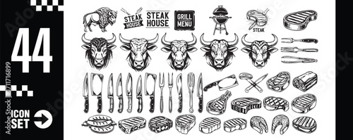 Collection of steak and meat icons, , featuring various cuts, grilling tools, and related elements in a detailed and rustic style, perfect for culinary projects