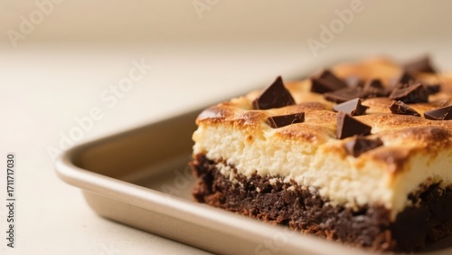 A marshmallow brownie, decorated with chocolate chunks on the surface, is placed in a metal pan lined with baking paper and looks delicious and tempting.