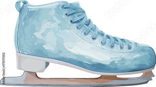 Close-up studio shot of a pair of light blue, almost translucent figure skates. The skates have white soles and visible laces. The blades are clearly visible beneath the skates. 