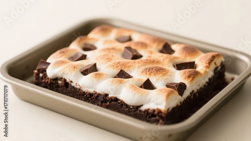 A marshmallow brownie, decorated with chocolate chunks on the surface, is placed in a metal pan lined with baking paper and looks delicious and tempting.