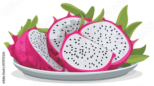 A digital illustration depicts several slices of dragon fruit arranged on a simple, round, white plate. The fruit is shown in close-up detail, revealing its bright pink flesh, numerous small black