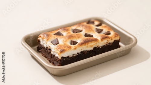 A marshmallow brownie, decorated with chocolate chunks on the surface, is placed in a metal pan lined with baking paper and looks delicious and tempting.