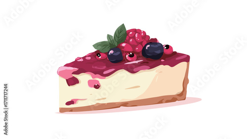 A digital illustration depicting a slice of cheesecake. The cheesecake has a creamy, light-colored filling, a visible golden-brown crust, and is topped with a glossy, dark red berry topping.