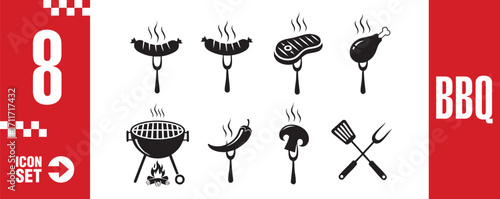 Bbq icon set featuring sausage, steak, chicken, mushroom, pepper, grill, spatula and fork perfect for summer picnics, cookouts, and outdoor gatherings
