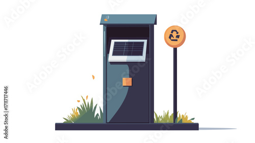 A digital illustration depicts a freestanding, dark-grey recycling kiosk with a digital touchscreen display.  The kiosk features a small solar panel at the top and a slot for depositing recyclable