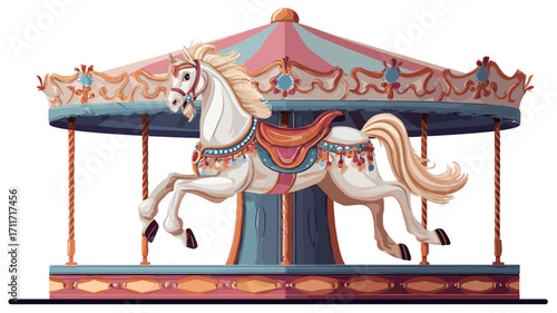 An illustration depicting a white carousel horse in motion on a colorful merry-go-round. The horse is rendered in a painterly style with details on its harness and mane. 