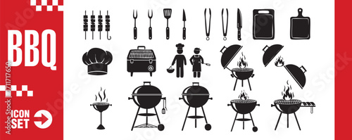Bbq icon set featuring various grilling tools, chef figures, and grill designs, perfect for summer cookouts and outdoor dining themes in black silhouette
