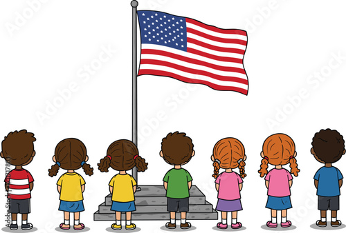 Children facing American flag, kids showing respect, patriotic illustration, USA pride, national identity, school ceremony, freedom, unity, culture, educational concept