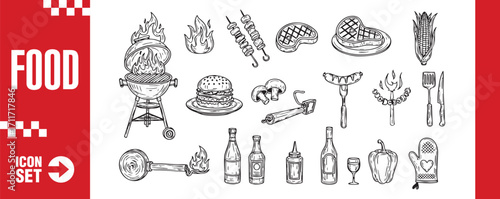 Handdrawn barbecue and grill icon set collection of various food and equipment for outdoor cooking, such as steak, burger, sausage, and utensils perfect for summer
