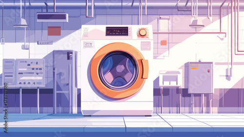 The image depicts a large, white front-loading washing machine centrally positioned against a pale backdrop.  The washing machine has an orange-colored door or drum visible. 