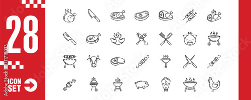 Set of meat icons contains symbols such as chicken, steak, pork, beef, lamb, and kebab perfect for butcher shop, restaurant menu, and food packaging