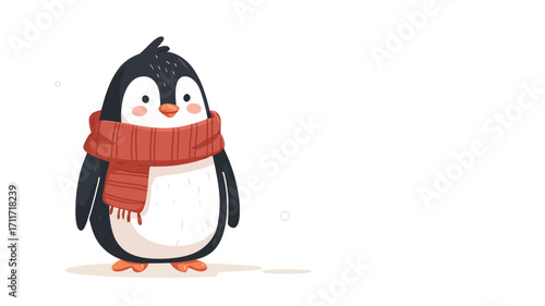A digital illustration of a cartoon penguin wearing a red scarf. The penguin is depicted in a simplistic, child-like style, with a white body, black wings and head, and small, expressive eyes