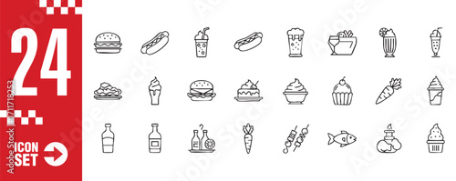 Collection of black and white fast food icons featuring burgers, hot dogs, drinks, and desserts, perfect for culinary designs, menus, and promotional materials