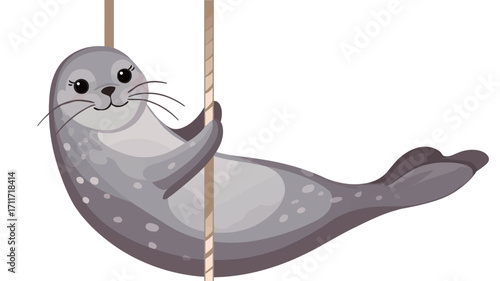 Digital illustration of a grey harbor seal with dark spots, depicted in a playful pose, swinging on a golden-brown rope swing.  The seal is presented in a cartoonish style with simplified features