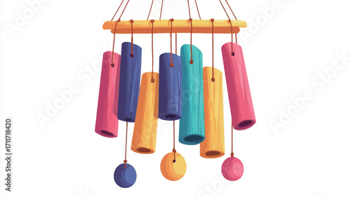 A digital illustration of a colorful wooden wind chime. The wind chime is composed of multiple cylindrical tubes in various bright colors (orange, yellow, pink, purple, blue, teal) suspended from a
