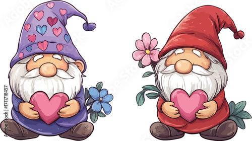 Two adorable cartoon gnomes holding hearts and flowers on a white background celebrating love and friendship