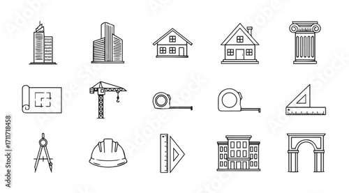 Architectural and construction icons representing buildings tools and blueprints silhouette