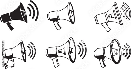 Set of Megaphone Icons ,Black and White Vector Illustrations of Sound and Communication