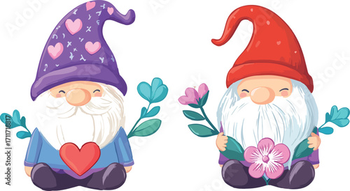 Two adorable cartoon gnomes with pointy hats holding colorful flowers and wearing hearts on their chests