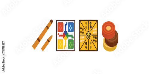 Print  Flat colorful vector icons of traditional Indian board games – Gilli Danda, Ludo, Chaupar, and Carrom pieces, isolated on white background.