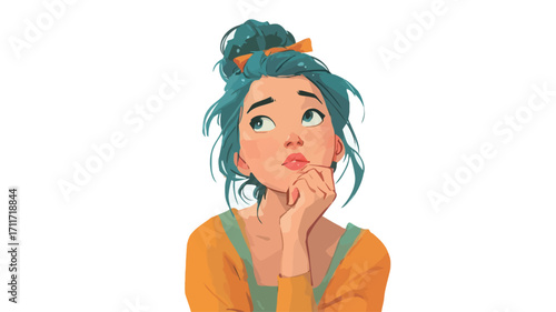 A digital illustration depicting a close-up portrait of a young woman with teal or blue hair styled in a bun. Her expression is thoughtful and pensive, with her hands supporting her chin.