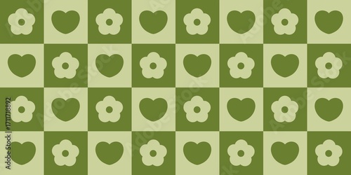 Wallpaper Mural Green flower and heart checkerboard pattern background. Cute retro grid with floral and heart shapes on green chessboard. Seamless green aesthetic checkered pattern. Torontodigital.ca