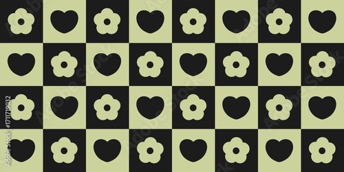Wallpaper Mural Green flower and black heart checkerboard pattern background. Cute retro grid with floral and heart shapes on black green chessboard. Seamless green and black aesthetic checkered pattern.  Torontodigital.ca