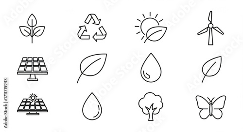 Line art illustration featuring various eco friendly and environmental sustainability related icons and symbols created with generated ai