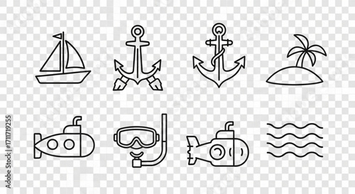 Illustration showing a sailboat, anchors, island, submarines, diving mask and ocean waves in black outline created with generated ai