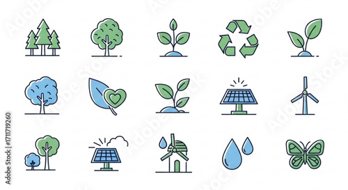 Illustration of ecological icons including trees, plants, solar panels and wind turbines in color created with generated ai