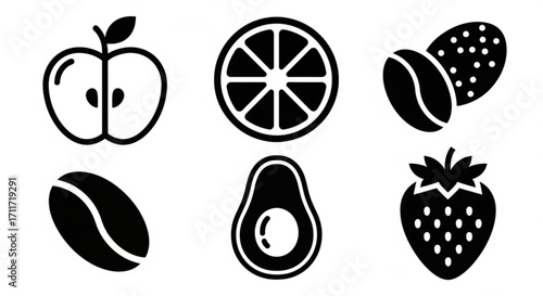 Black and white vector icons of apple slice, orange slice, coffee beans, avocado and strawberry created with generated ai