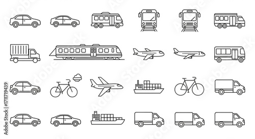 Line art depiction of various modes of transportation including cars, trucks, trains, planes, and boats created with generated ai