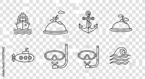 Outlined nautical icons including a ship island anchor submarine snorkel and wave in black and white created with generated ai