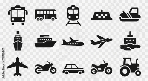Various transportation icons including buses trains planes ships cars and motorcycles displayed created with generated ai
