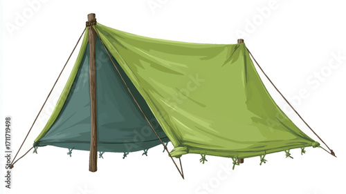 An illustration of a simple A-frame camping tent. The tent is primarily lime green with a dark green back panel. It has a single central wooden support pole. The tent is shown against a plain white