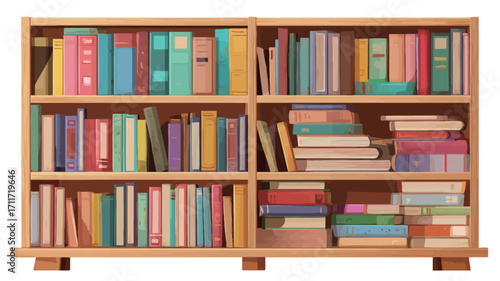 The image shows a full shot of a light brown wooden bookcase with four shelves. Each shelf is filled with various colorful books of different sizes and thicknesses.  Some books are standing
