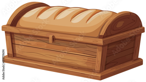 A digital illustration depicting a loaf of bread sitting inside a wooden chest. The chest is brown with a curved top and simple design.  The bread is light brown with visible scoring lines,