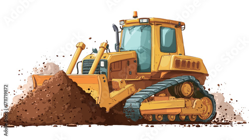 A stylized illustration of a yellow bulldozer pushing a pile of brown dirt. The bulldozer is depicted in a cartoonish style with visible details like tracks, blade and cabin. 