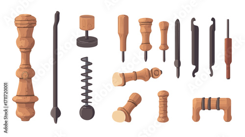 The image shows a collection of various antique tools arranged on a white background.  The tools are primarily made of wood and metal.  The wooden tools feature turned wooden handles