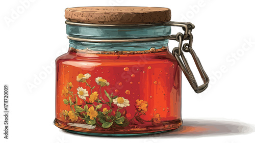 Close-up studio shot of a glass jar filled with amber honey. The jar has a square-ish body, a cork lid, and a metal clasp. A floral design featuring small yellow and white flowers, possibly