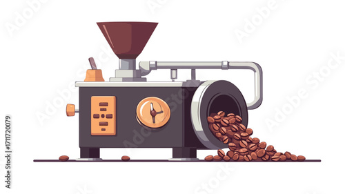 A digital illustration of a coffee roasting machine depicted in a low-poly style. The machine is dark gray/black with orange and brown accents.  It has a hopper, a cylindrical roasting drum, pipes,