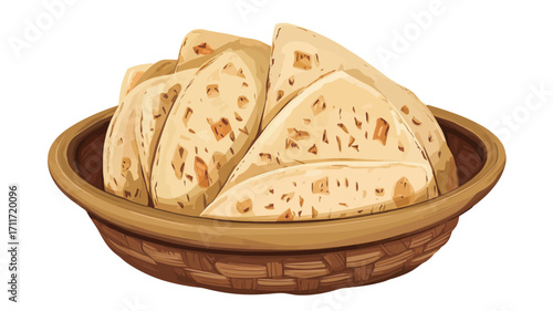 A digital illustration depicting several pieces of light golden-brown flatbread arranged in a rustic, brown wicker basket. The flatbread has a slightly textured surface with visible small specks or