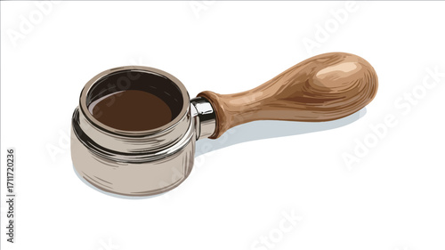 Close-up studio shot of an espresso portafilter filled with dark brown espresso. The portafilter is made of metal with a wooden handle.  The background is pure white, providing high contrast to the