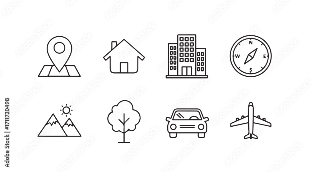 Fototapeta premium Collection of travel and location icons in a simple silhouette style