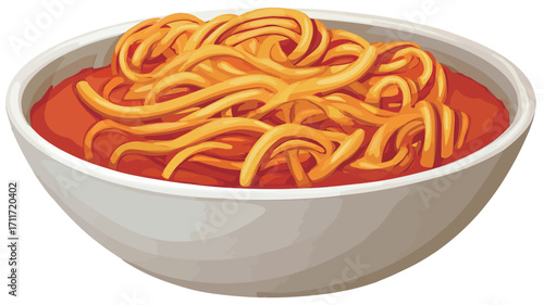 A high-angle, close-up shot of a white bowl filled with spaghetti noodles covered in a vibrant red tomato sauce. The spaghetti is slightly tangled, and the sauce appears smooth and glossy.