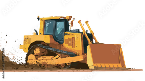 A digital illustration of a yellow bulldozer in motion. The bulldozer is shown from a three-quarter view, its blade pushing dirt or soil.  Dust and dirt are visible behind the vehicle