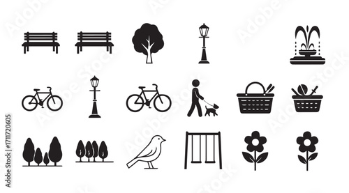 Collection of park elements in a clean and modern silhouette style